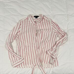 Red and White Striped Button-Up Tie Front Shirt